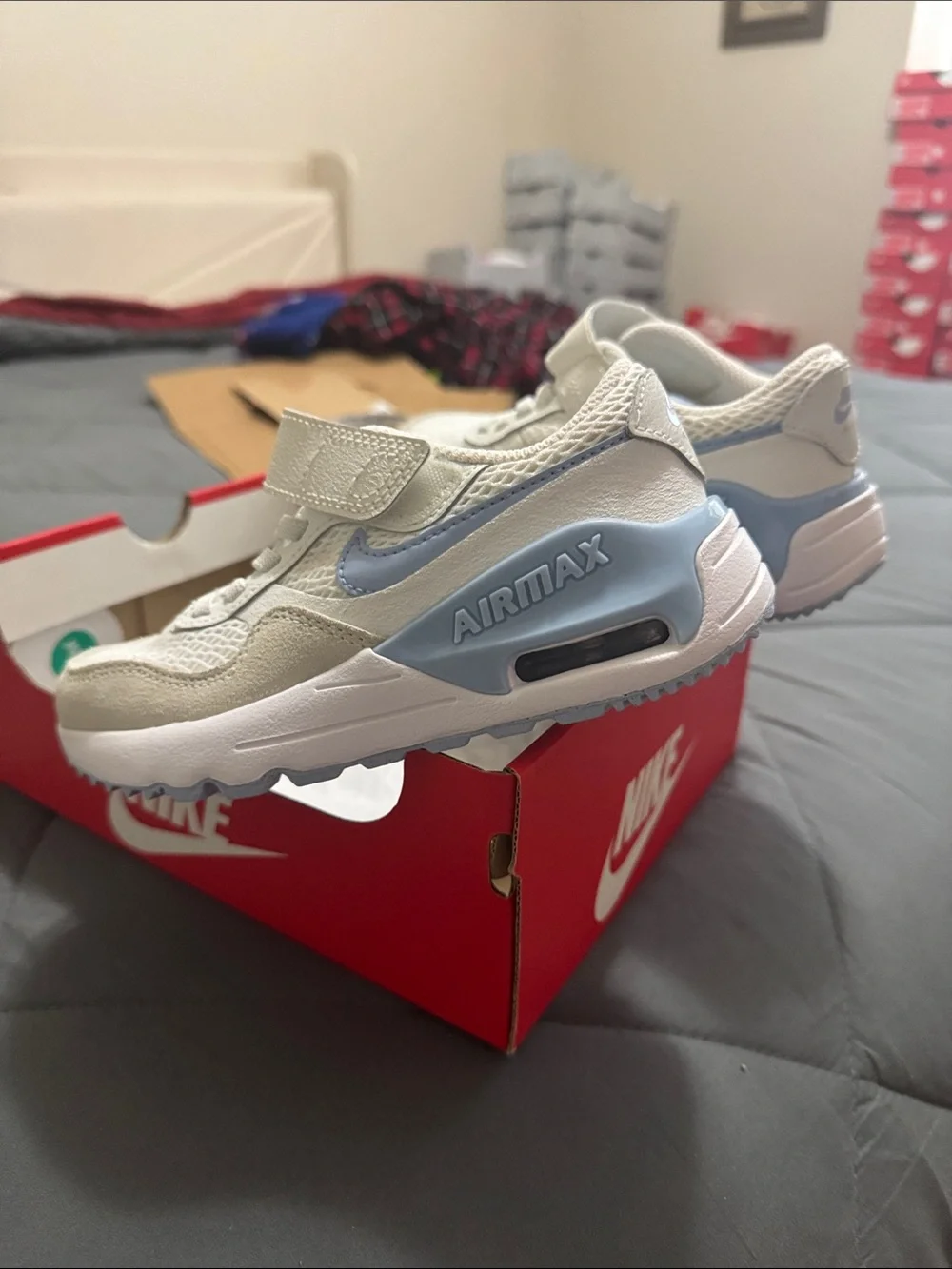 Nike Air Max System Kids White and Light Blue Velcro Athletic Sneakers